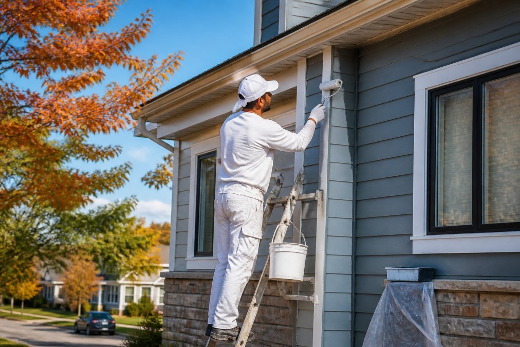 A professional painter from Soca Services applying fresh paint to the exterior siding of a Toronto home on a clear, mild autumn day, with a ladder and paint supplies visible