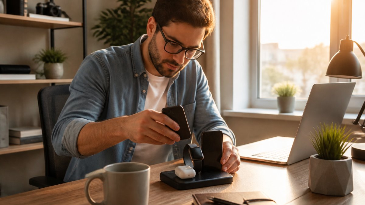 Busy professional organizing gadgets on a desk with a wireless charger and coffee in a sunlit home office.