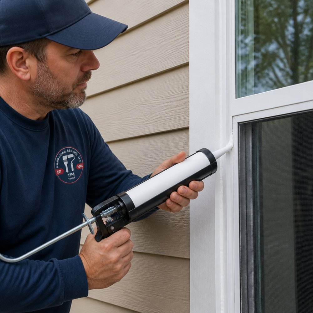 Diagram showing professional exterior caulk timing and bead application techniques around window trim.