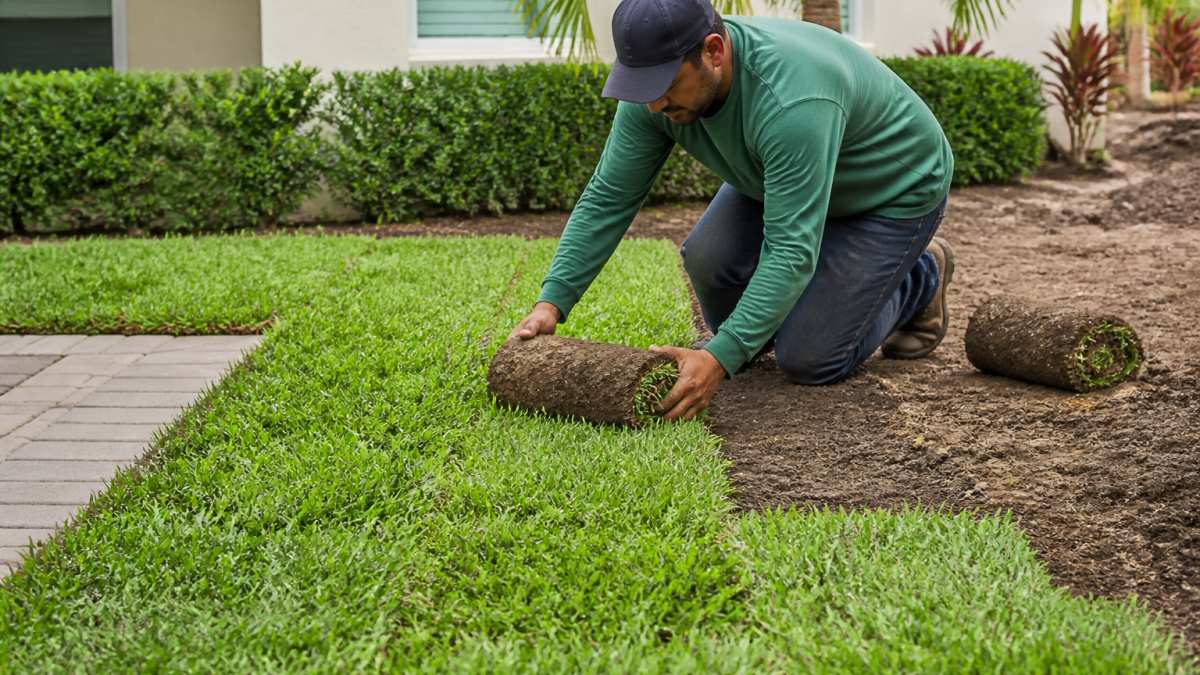 Professional landscaper laying fresh sod rolls on prepared soil during spring installation, with soil beds visible and grass rolls being positioned on residential lawn
