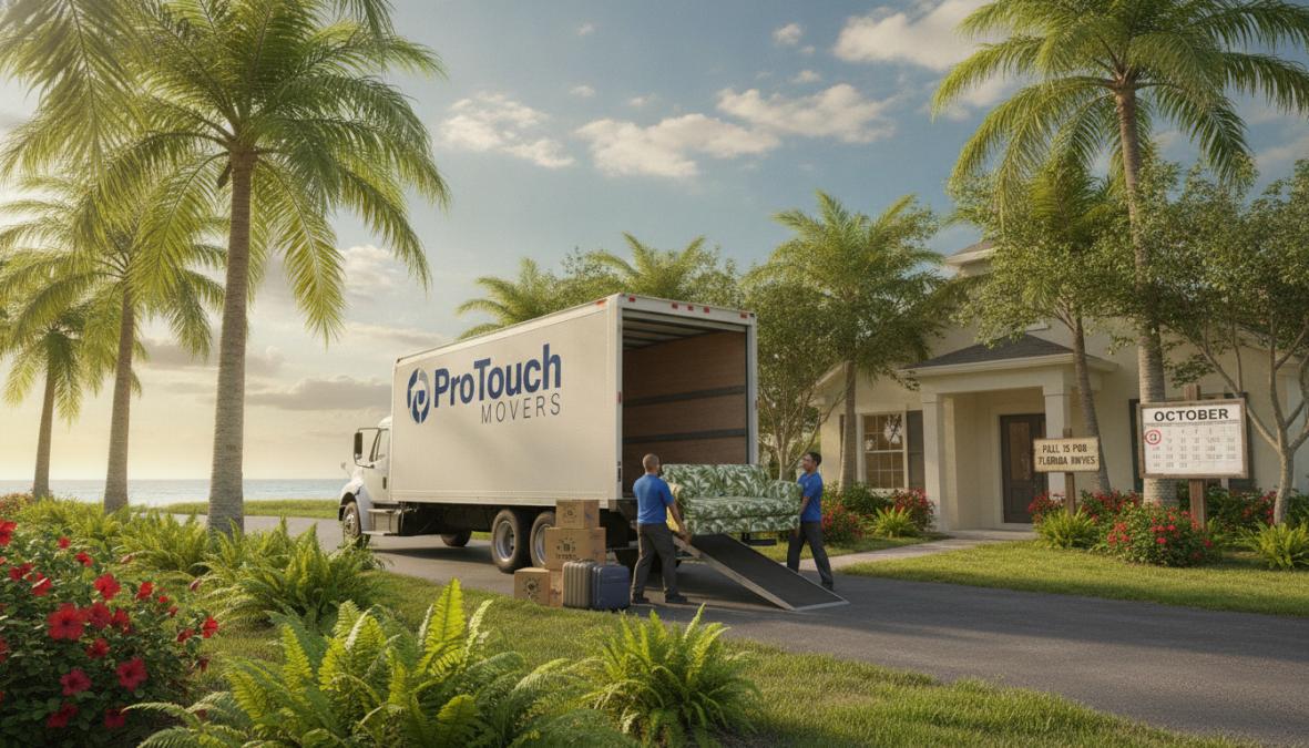 Best Time to Move to Florida: Season-by-Season Guide 1 Moving truck parked in front of a modern Florida home with palm trees and clear blue sky during daytime, moving boxes visible on the driveway