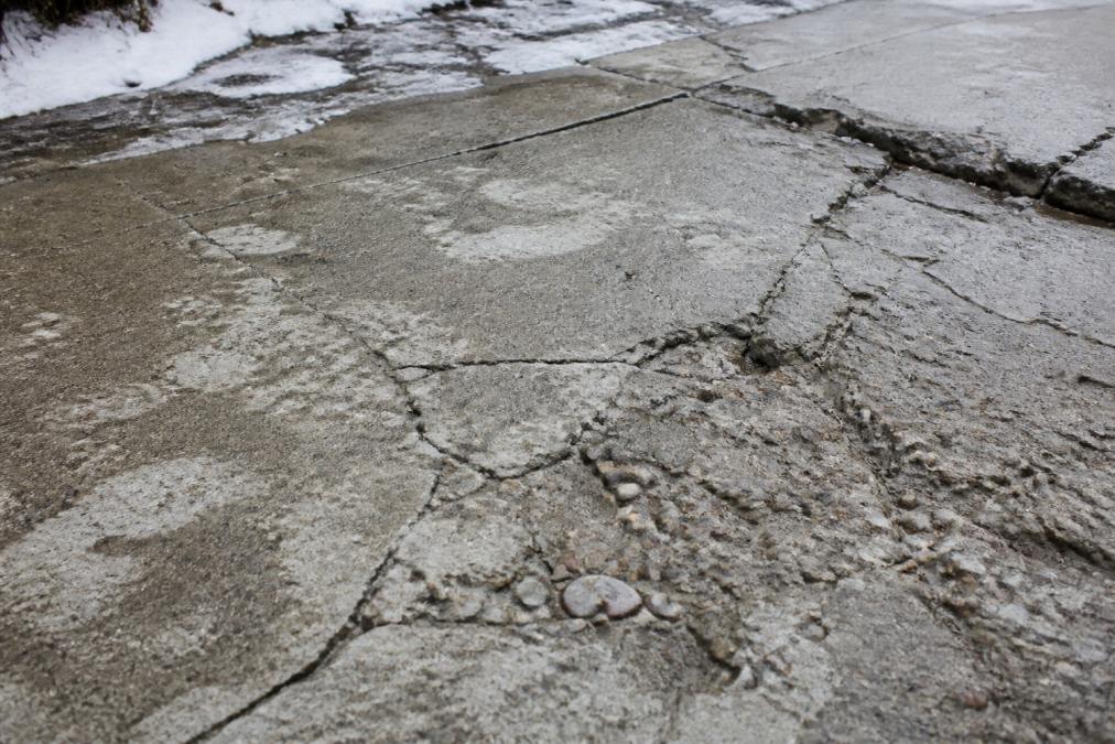 Close-up of concrete driveway surface showing visible spalling, deep cracks, and frost heave damage from repeated freeze-thaw cycles, with weathered edges and discoloration