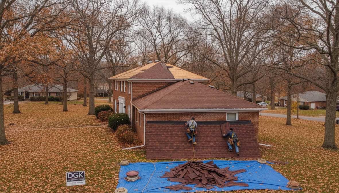 Professional roofing crew installing new asphalt shingles on residential home during clear autumn weather with bare trees visible in background