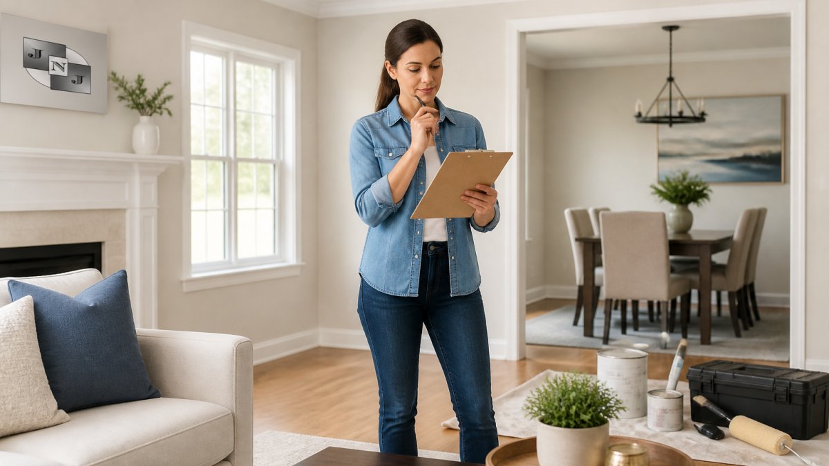 Homeowner reviewing a checklist while standing in a bright, well-maintained living room with fresh paint, clean windows, and neutral décor