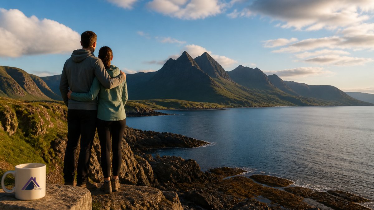 Couple standing on a rocky coastal outcrop with dramatic Highland peaks in the background, golden afternoon light illuminating the rugged terrain and coastal scenery