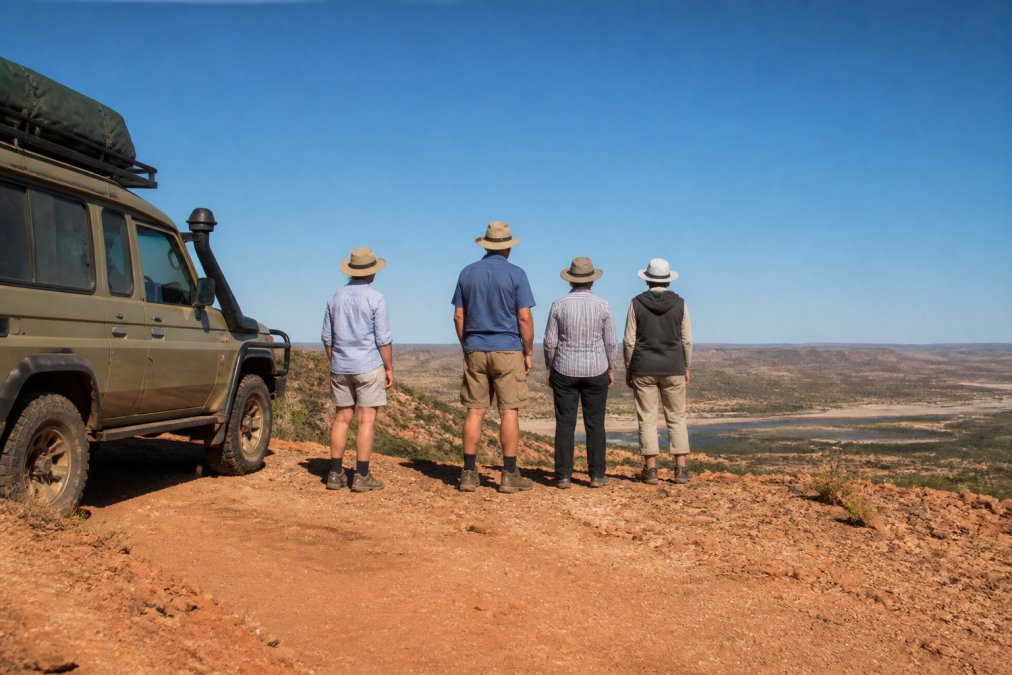 A small group of mature travellers standing beside a purpose-designed 4WD vehicle on a red dirt track, looking out over a wide Kimberley landscape under a clear blue sky
