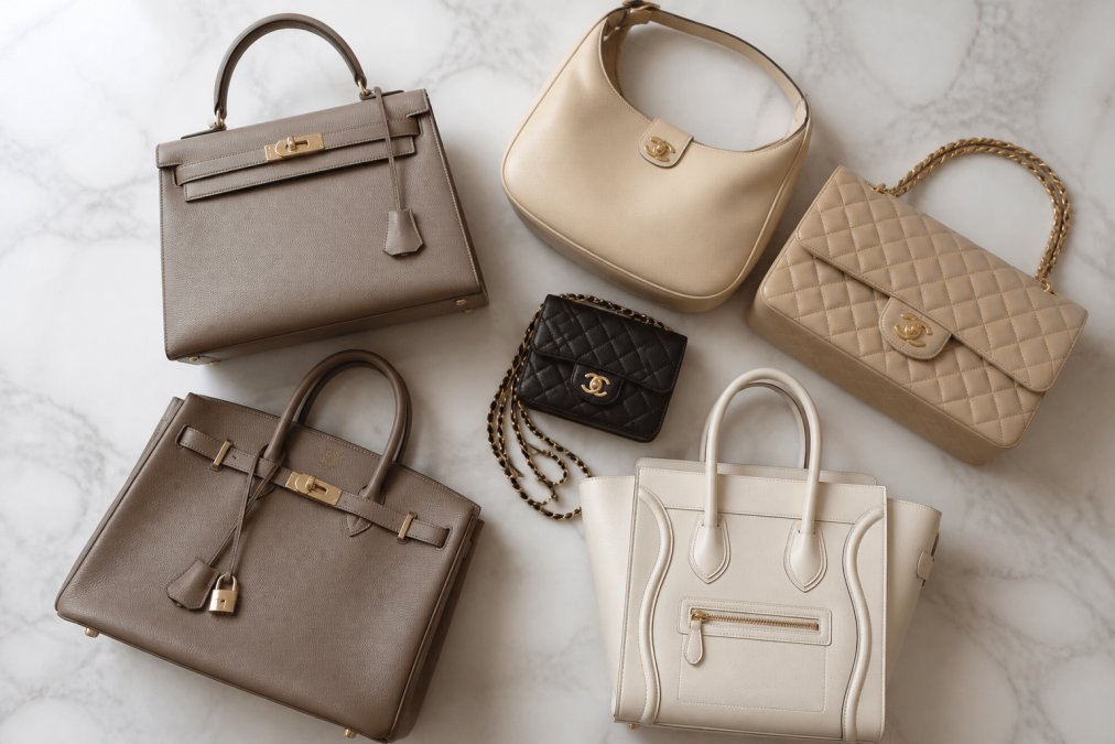 Professional illustration showing curated and flat-lay and several concepts for timeless designer bags