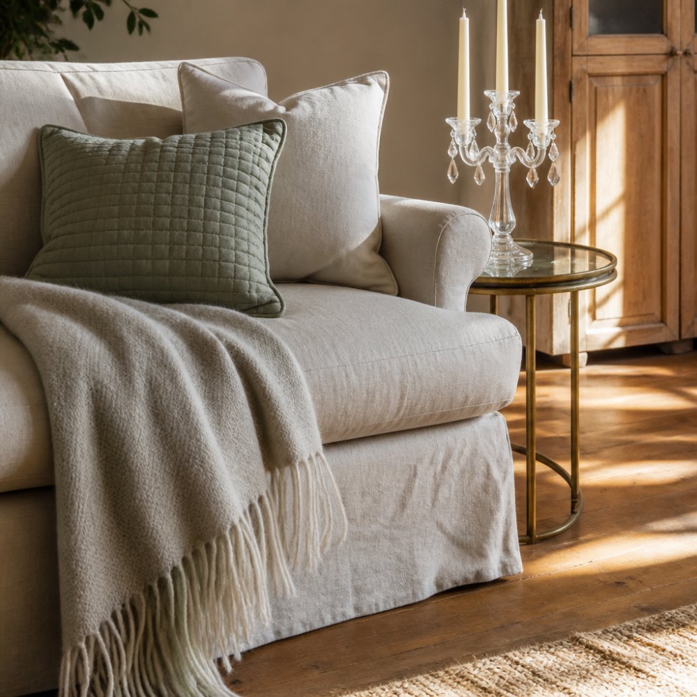 A styled living room corner with a soft wool throw draped over a neutral linen sofa, a quilted cotton cushion and a linen European cushion arranged beside it, warm afternoon light falling across timber floors, a glass candelabra on a side table