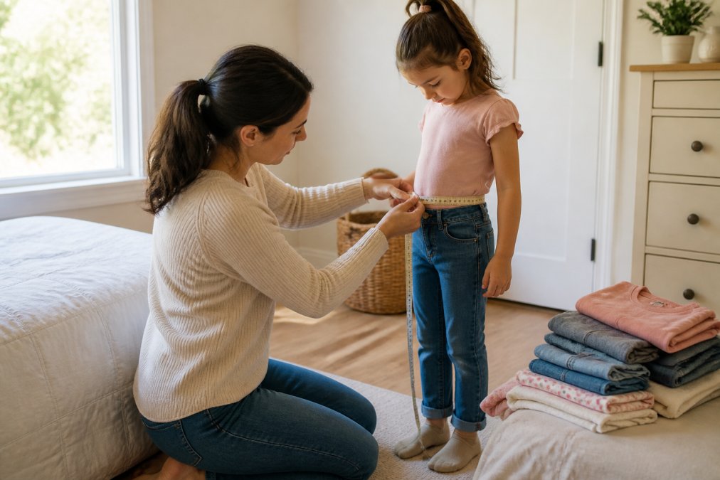 Mother measuring a child's waist with a tape to ensure a perfect fit when buying online kids clothing.