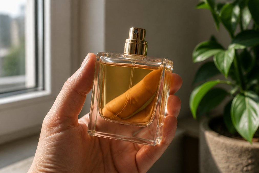Close-up of a luxury perfume bottle with visible golden fragrance liquid held up to natural window light, showing the clarity and depth of the concentration, with the atomizer and label clearly visible