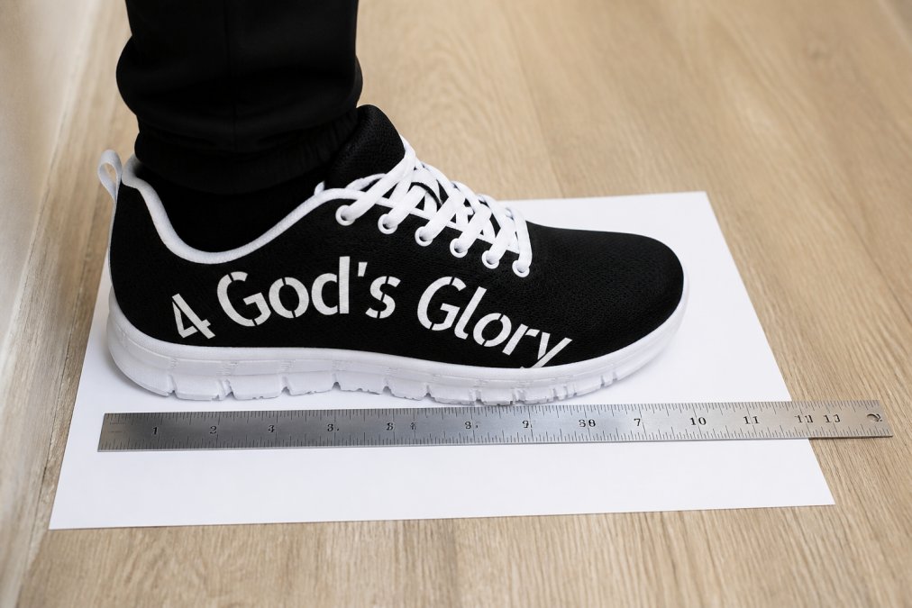 Close-up of a person's foot positioned flat on white paper against a wall, with a ruler placed alongside from heel to toe tip, showing clear measurement markings and proper alignment