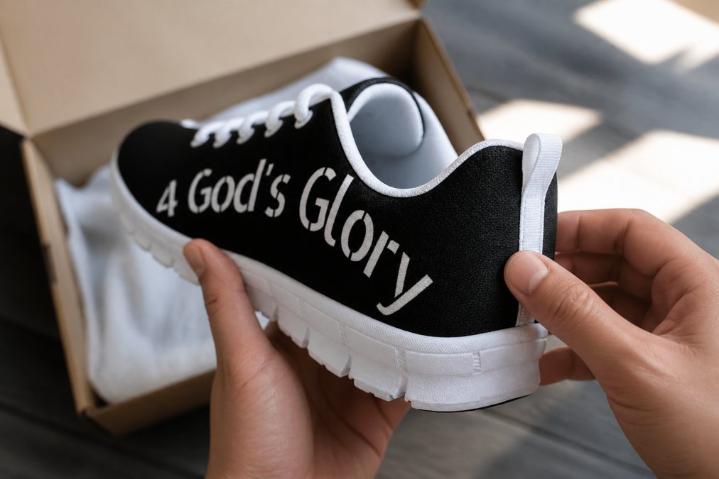 Hands holding a black sneaker up to natural light, examining the stitching detail along the heel counter, with the shoe's insole partially visible and product packaging blurred in the background