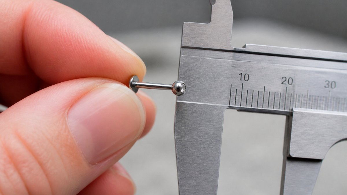 Close-up of a hand holding a titanium labret stud next to a ruler or gauge measurement tool, showing proper sizing and fit details