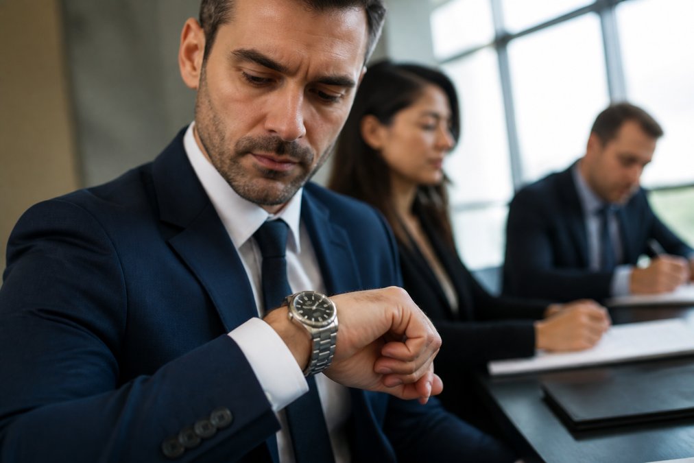 Professional in business attire checking a titanium watch during a meeting in a modern office with natural window lighting, showing the refined case finish and dial detail