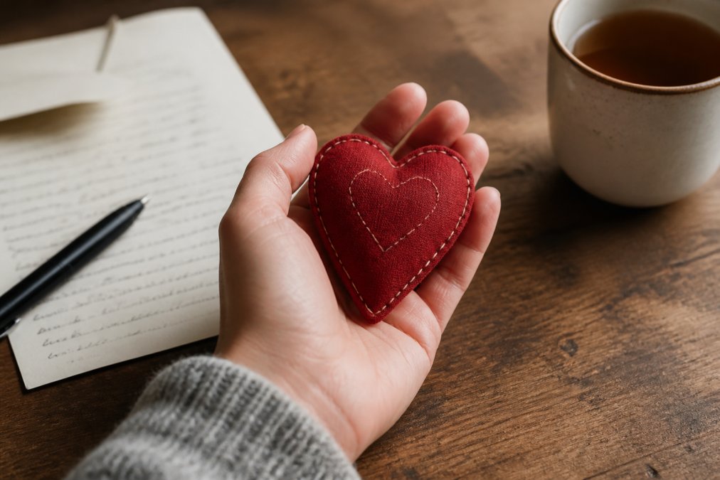 Close-up of a hand holding a small, hand-finished fabric heart token with a subtle stitched detail, resting on a wooden desk next to a handwritten letter and a cup of tea