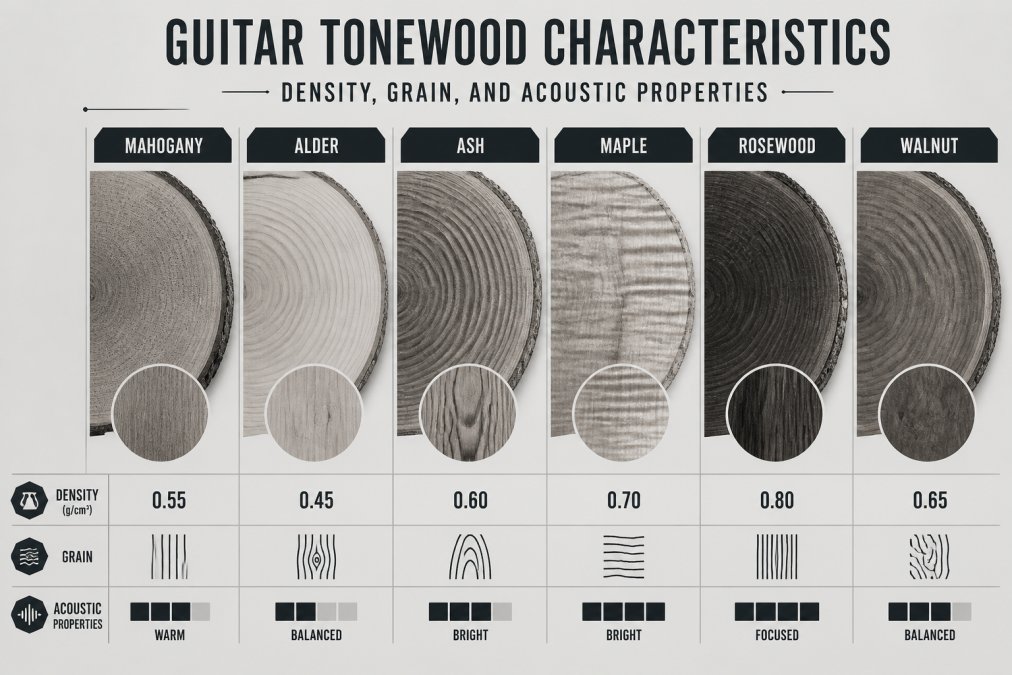 Close-up detail of wood grain patterns showing cross-section of different tonewoods with visible growth rings, figured maple with flame patterns, and tight quarter-sawn grain structure