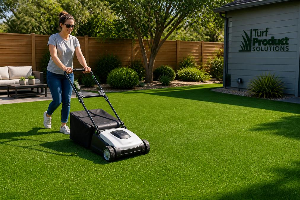 Homeowner using a cordless battery-powered sweeper for artificial turf maintenance in a sunny backyard