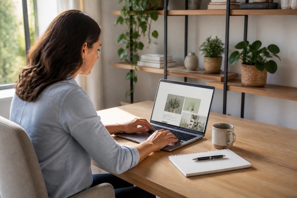 A small business owner sitting at a clean desk, working on a laptop displaying a modern website builder interface, with a coffee cup and notebook nearby in a bright home office