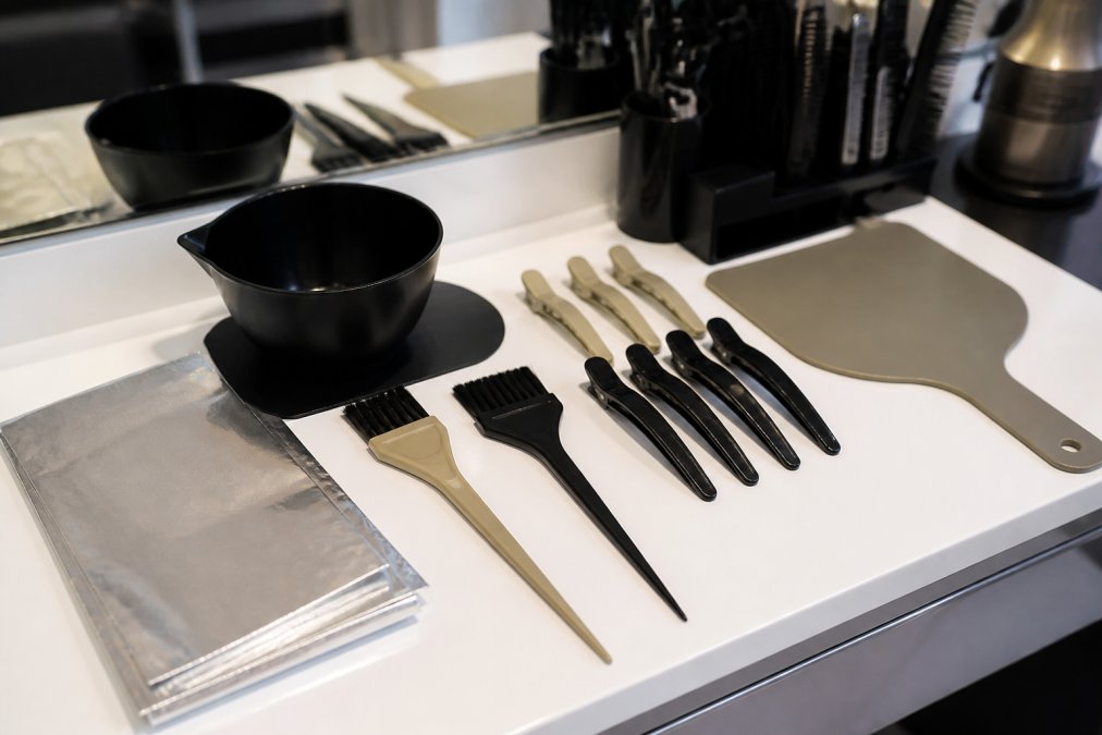 Flat-lay of a fully organized professional hair colorist tool kit on a clean white salon station surface: stain-resistant tint bowl, feathered brushes, sectioning clips, balayage paddle, and foil sheets arranged neatly under bright overhead lighting