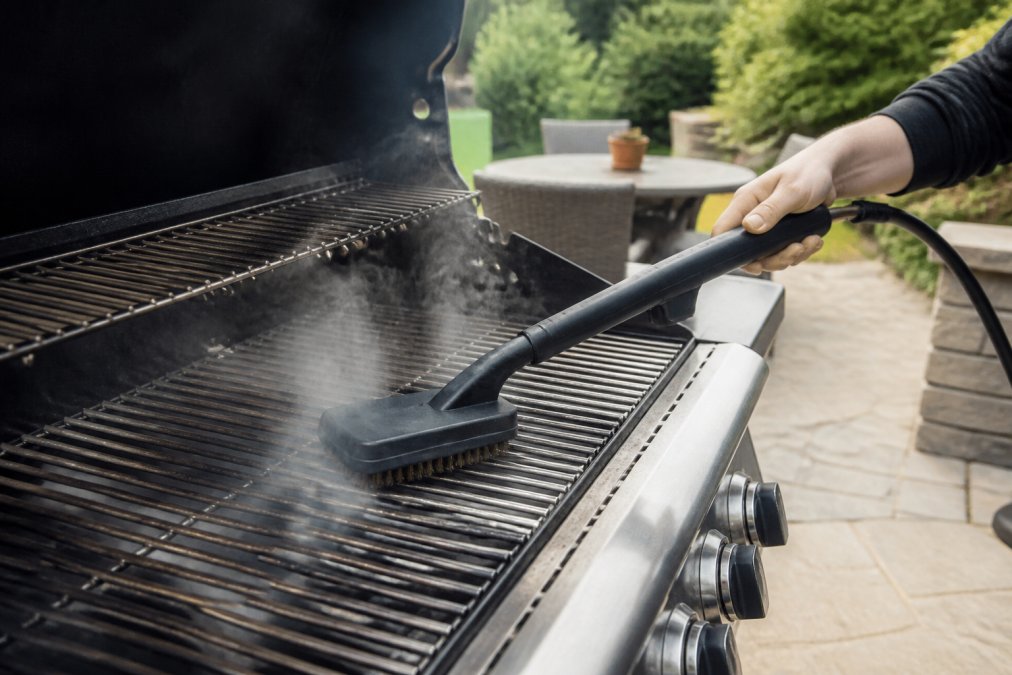Person using a steam brush for cleaning barbecue grates on a sunny patio