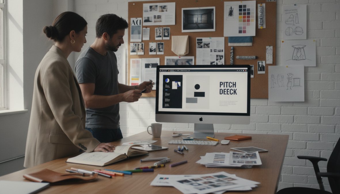 Creative director and producer reviewing a pitch deck on a large monitor in a modern studio, with mood boards and design sketches visible on the wall behind them