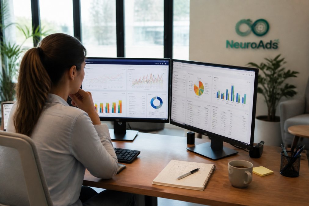 A marketing analyst at a desk with two monitors showing colorful dashboard graphs, a notebook with handwritten notes, and a coffee cup, in a bright modern office