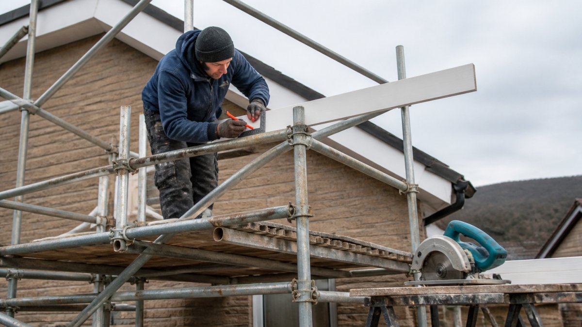 A roofer on a scaffold tower marking a cut line on a white uPVC fascia board with a pencil and speed square, circular saw resting on a sawhorse nearby, overcast daylight on a residential house