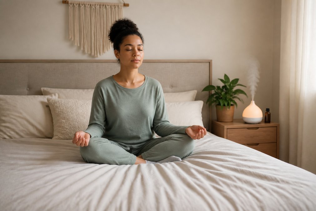 Person in a calm, minimally decorated bedroom with soft natural light, sitting cross-legged on a bed with eyes closed during meditation, with a diffuser visible on the nightstand