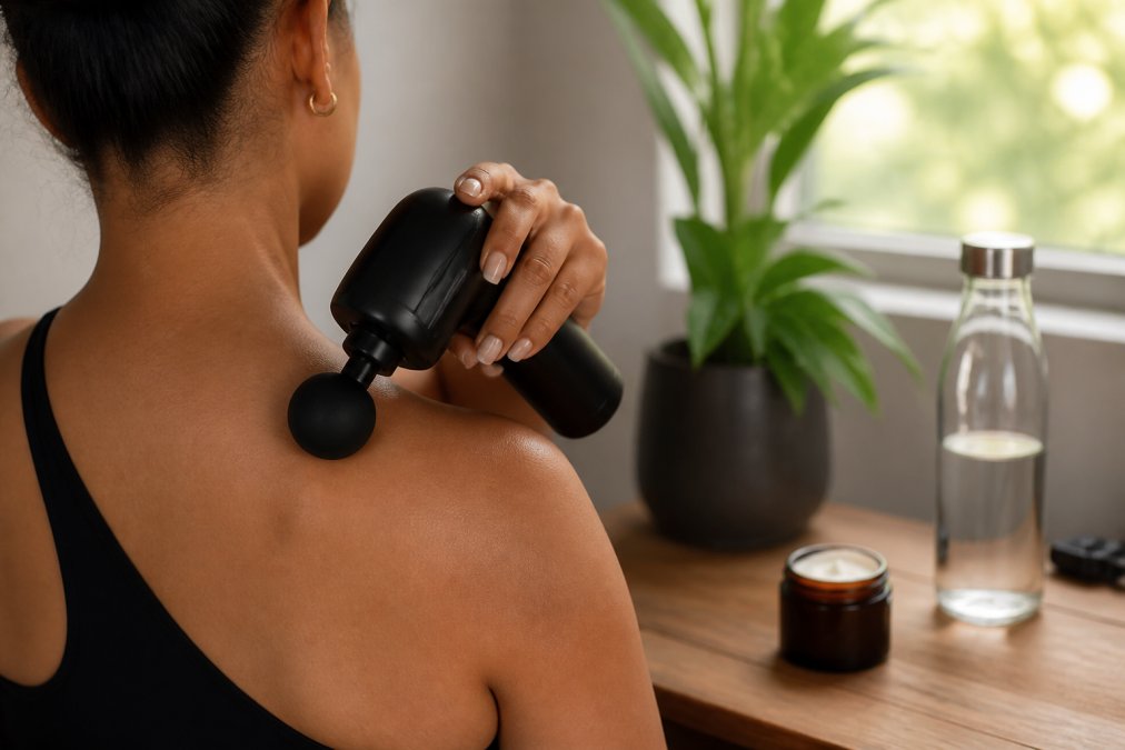 Close-up of hands using a massage device on upper shoulder muscle, with a jar of natural cream and a water bottle on a clean wooden surface nearby, natural window lighting