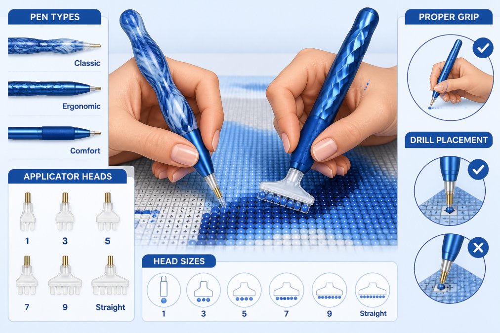 Close-up of hands holding ergonomic diamond painting pens with multiple applicator heads positioned over a diamond painting canvas, showing proper grip technique and drill placement in natural studio lighting