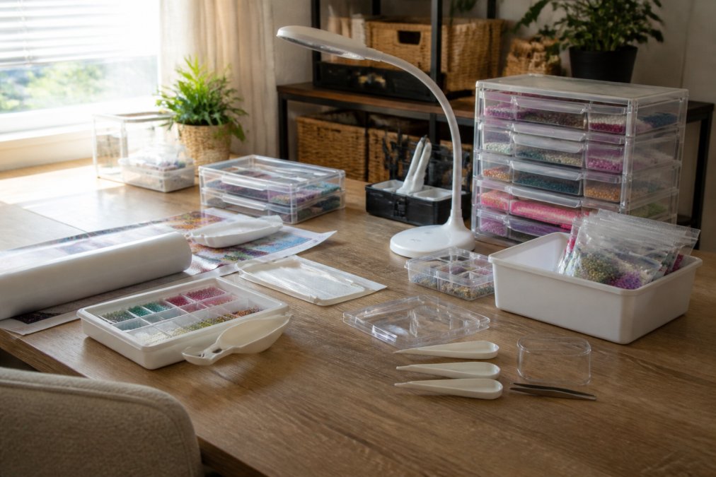 Well-organized diamond painting workspace with storage containers, LED light pad, ergonomic trays, and tools arranged on a crafting desk with proper lighting and comfortable seating
