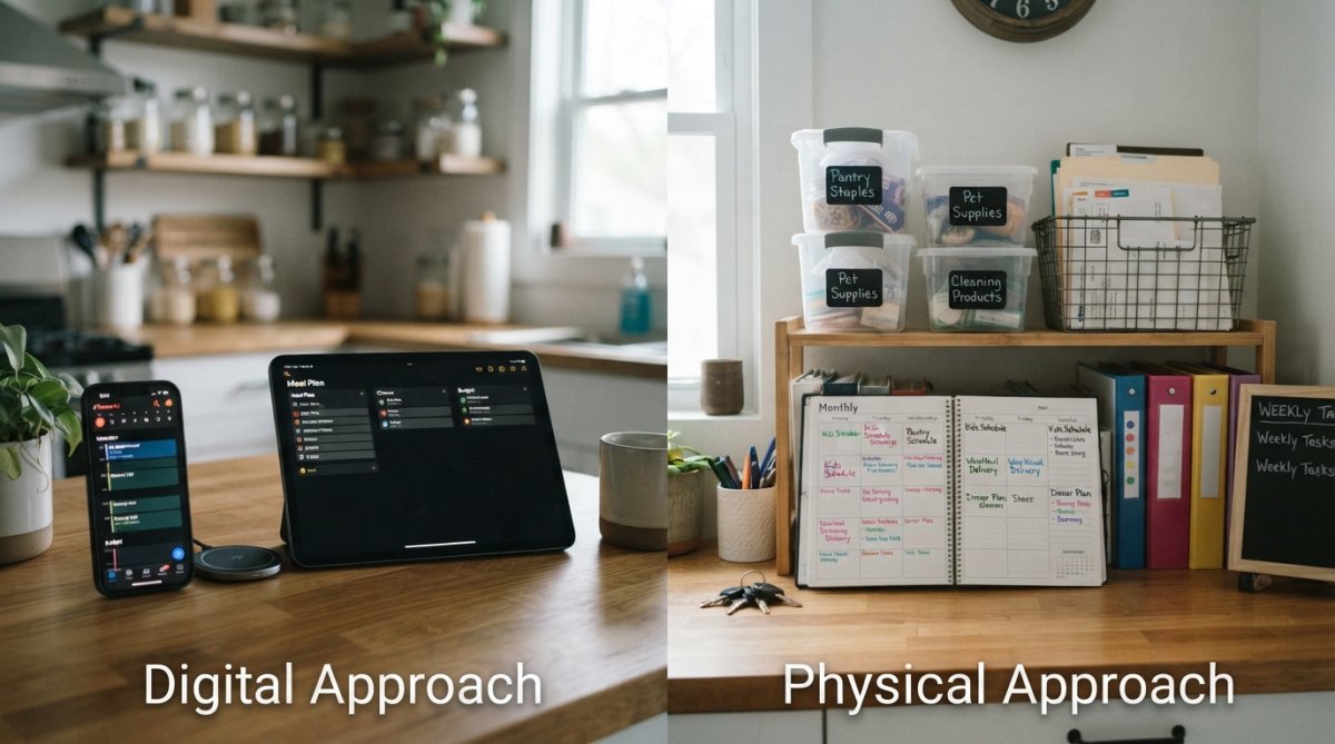 Modern kitchen showing a smartphone displaying a household management app on the counter, alongside clear acrylic storage bins filled with organized pantry items and labeled containers on shelves