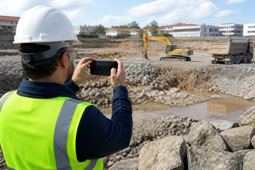 Field inspector capturing geotagged photos for environmental site surveys on a smartphone at a construction project.