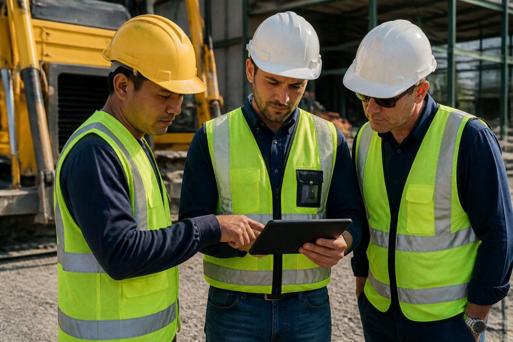 Team of field technicians reviewing organized project documentation and photos on a tablet in the field, discussing site findings with visible notes and annotations
