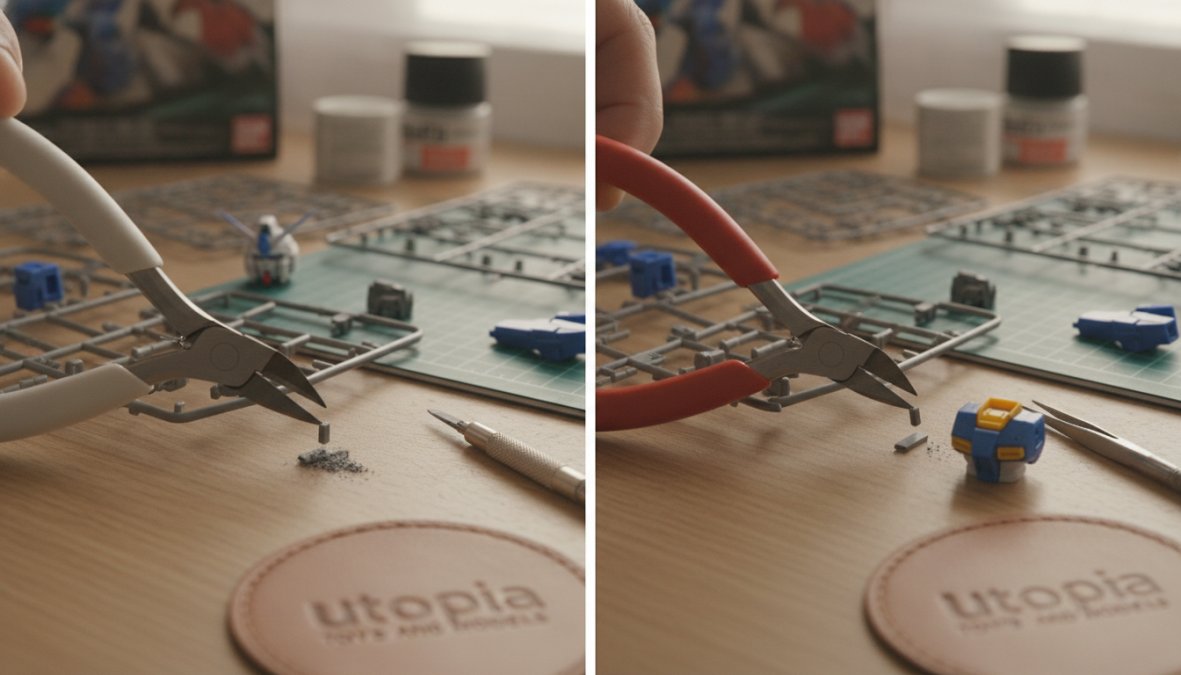 Close-up of a builder's hands using a precision nipper to cut plastic parts from a Gundam model sprue, with colorful plastic runners and cut pieces visible on a clean work mat
