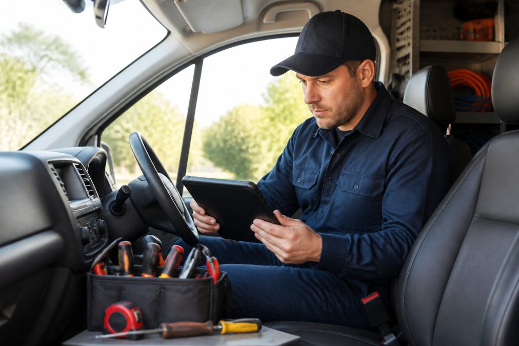 HVAC technician using tablet software for hvac lead capture inside a service van