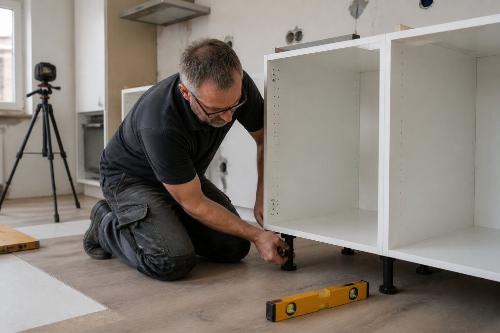 Kitchen fitter adjusting base cabinet unit feet during professional cabinet installation with laser level nearby.