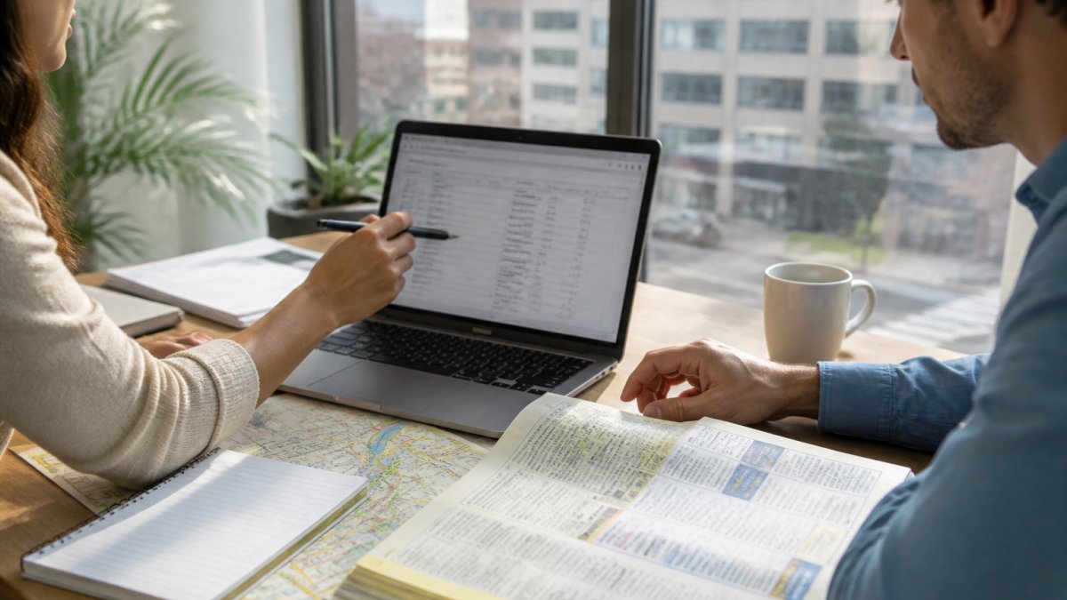 A small business owner and a marketing consultant reviewing local listing data on a laptop screen in a bright office, with a city map and printed directory pages on the desk