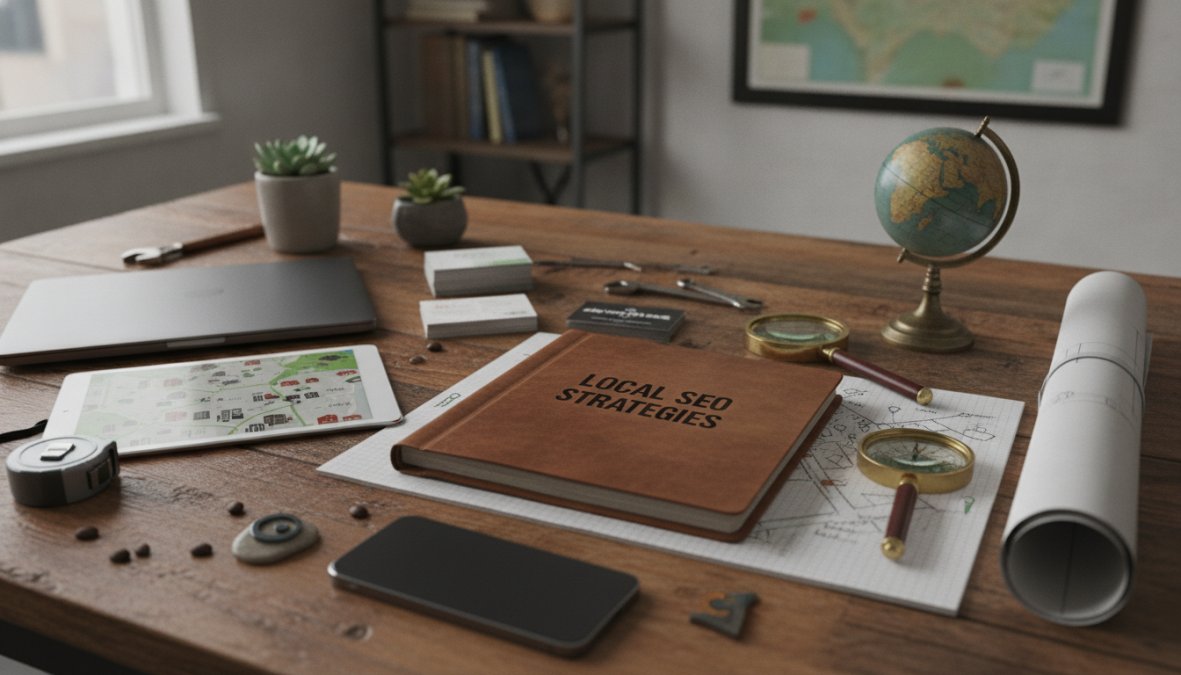 A small business owner sitting at a wooden desk reviewing their Google Business Profile on a laptop, coffee cup and handwritten notepad nearby, warm natural light coming through a window in a tidy home office