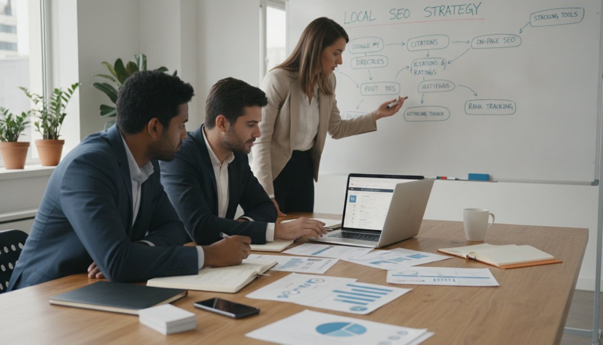 A [digital marketing](/services/digital-marketing/) team of three people collaborating around a laptop and whiteboard covered in local SEO strategy notes, modern bright office with large windows, afternoon light