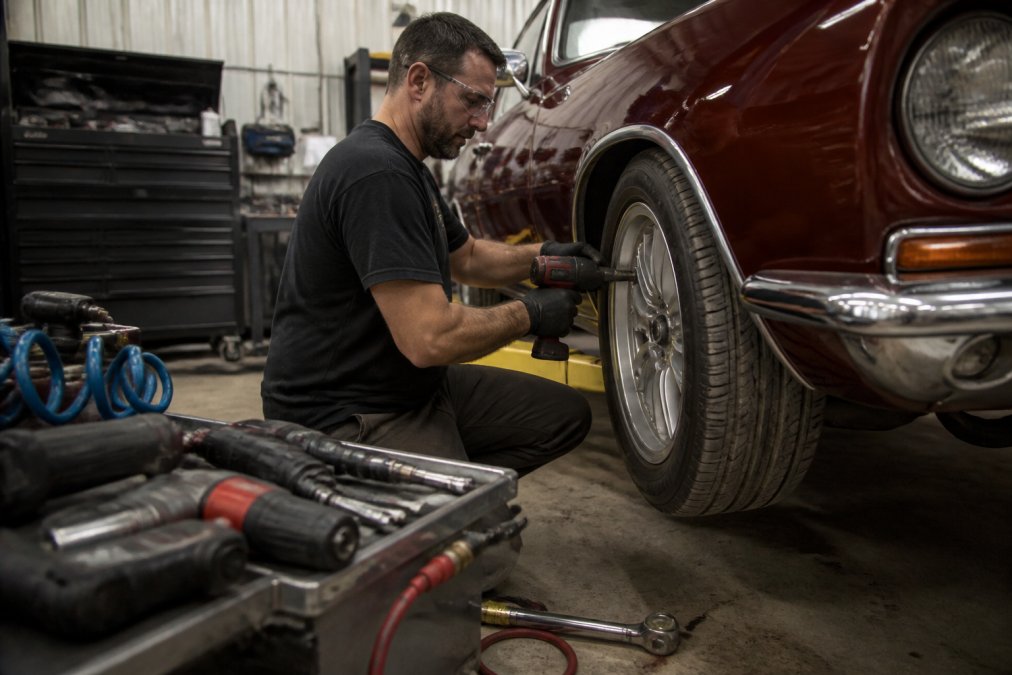 Professional auto body technician in a well-lit garage using a cordless impact wrench to remove a wheel from a classic car, with tool chests, air hoses, and pneumatic tools visible in the background