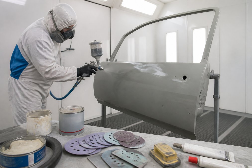 Automotive painter in full PPE including respirator, gloves, and coveralls spraying a classic car door panel with a professional spray gun inside a clean white spray booth, with sanding discs and body filler supplies arranged on a nearby workbench