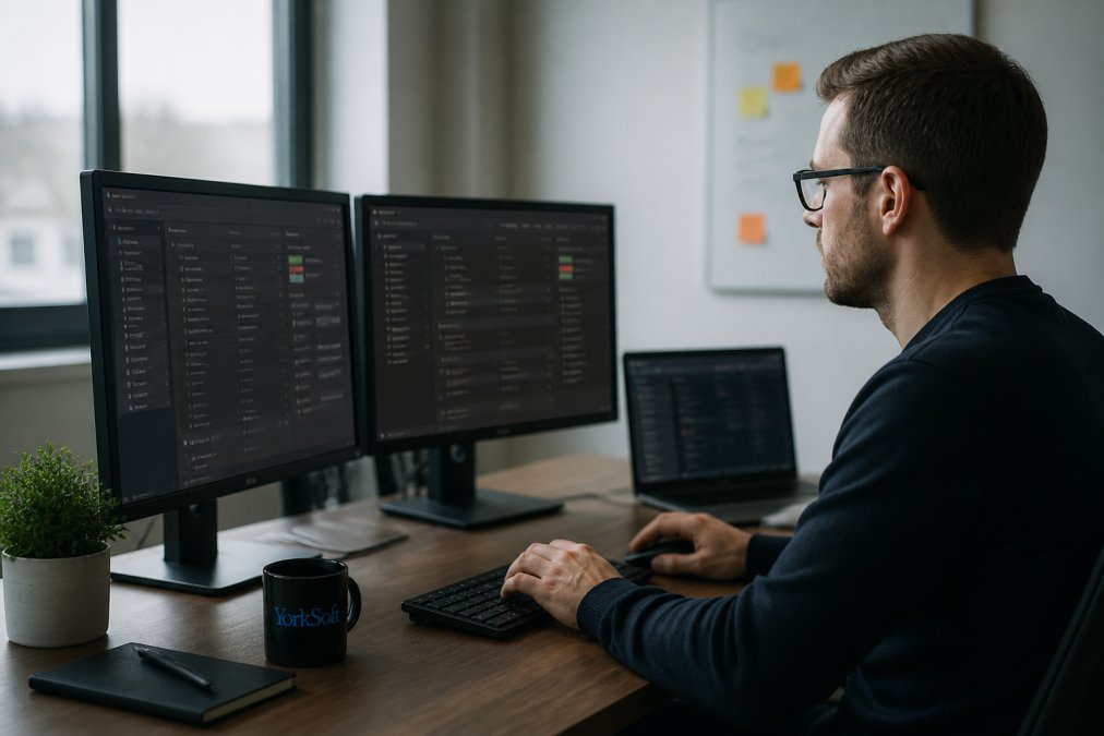 Professional monitoring website performance metrics on multiple computer screens in a modern office environment, reviewing real-time analytics dashboards with focused concentration