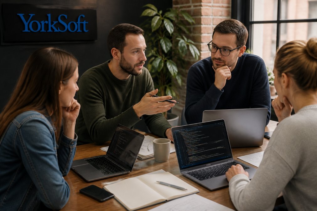 Development team collaborating around desk with laptops, reviewing code and performance metrics for a web application on multiple screens with focused discussion