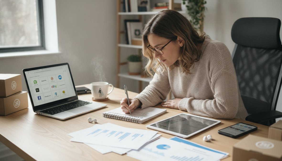 A focused entrepreneur writing a launch checklist in a notebook beside a laptop displaying an e-commerce dashboard with multiple channel icons visible on screen, a coffee cup nearby on a bright modern wooden desk