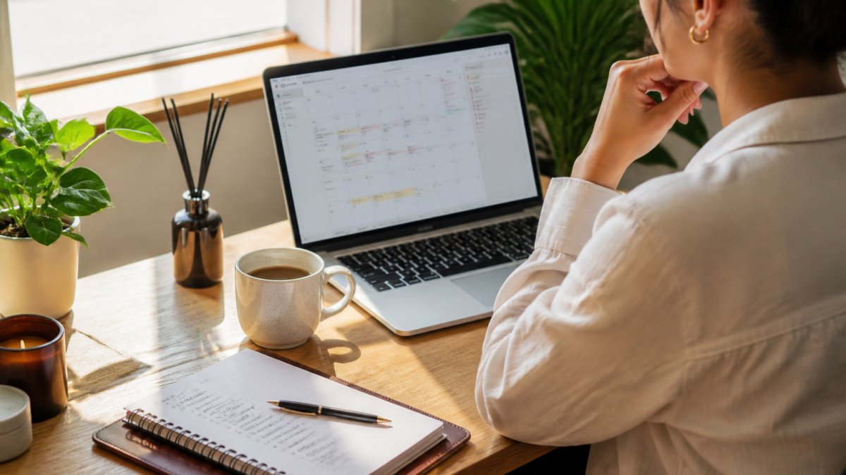 Person sitting at a wooden desk with a morning coffee mug, laptop open displaying a calendar and planner interface, a handwritten goal list on a notepad nearby, soft natural morning light streaming through a nearby window