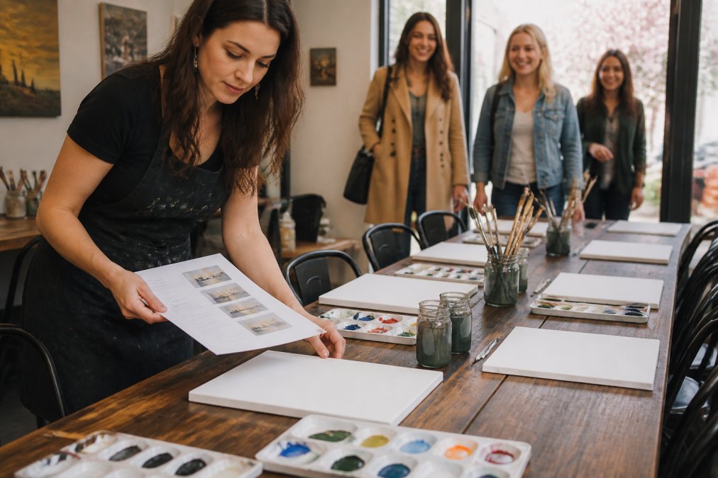 Infographic process for painting event planners showing steps to organize a beginner workshop with supplies and a guide