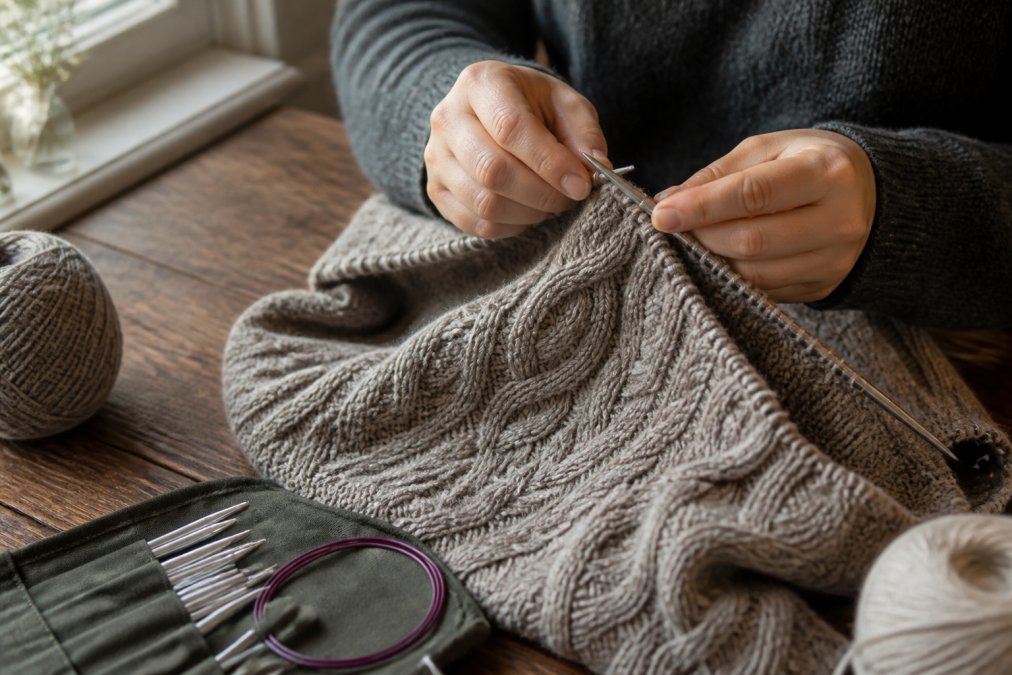 Close-up of a knitter's hands working fine wool on smooth metal interchangeable needles, with a half-finished cable sweater on a wooden table and natural window light