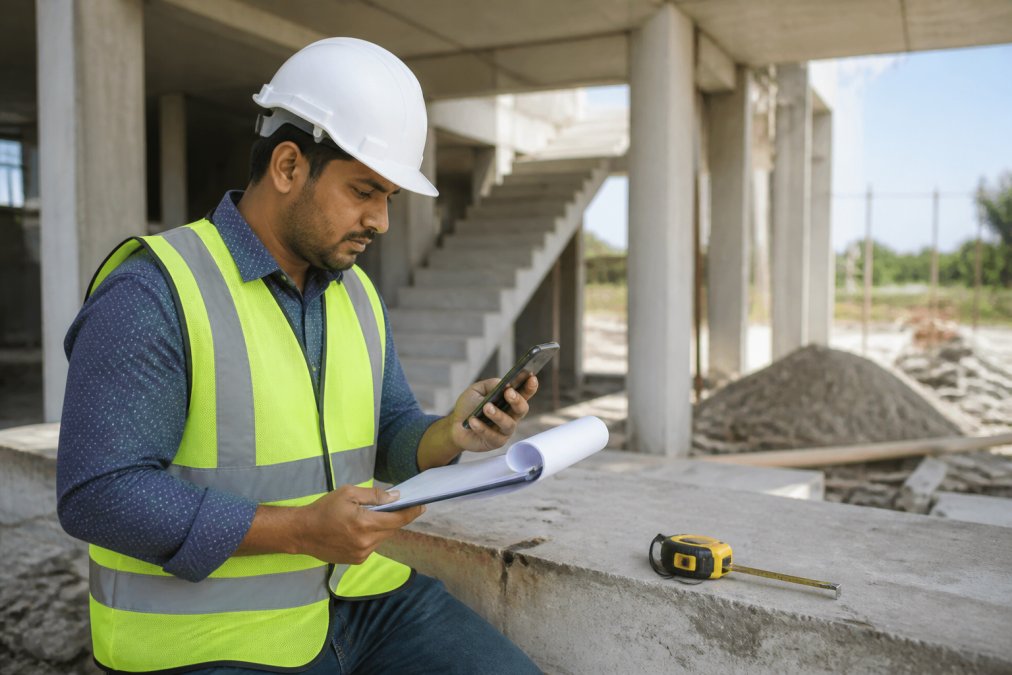 Field inspector on a construction site holding an Android phone, reviewing geotagged photos with a clipboard and measuring tape nearby, bright natural lighting