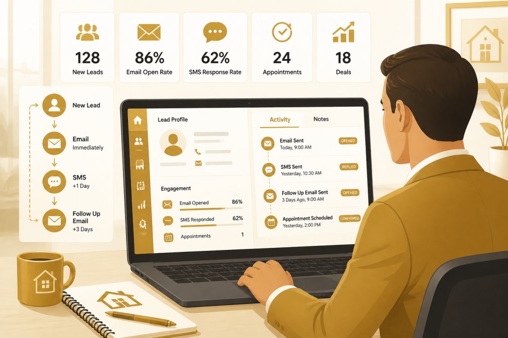 Real estate agent at desk reviewing lead follow-up emails and SMS messages on laptop screen, with CRM dashboard visible showing contact details and engagement metrics, professional office lighting